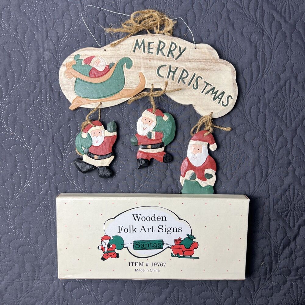 VTG 1995 Merry Christmas Wooden Painted Hang Decor Santas Seasonal  13” x 11.5”